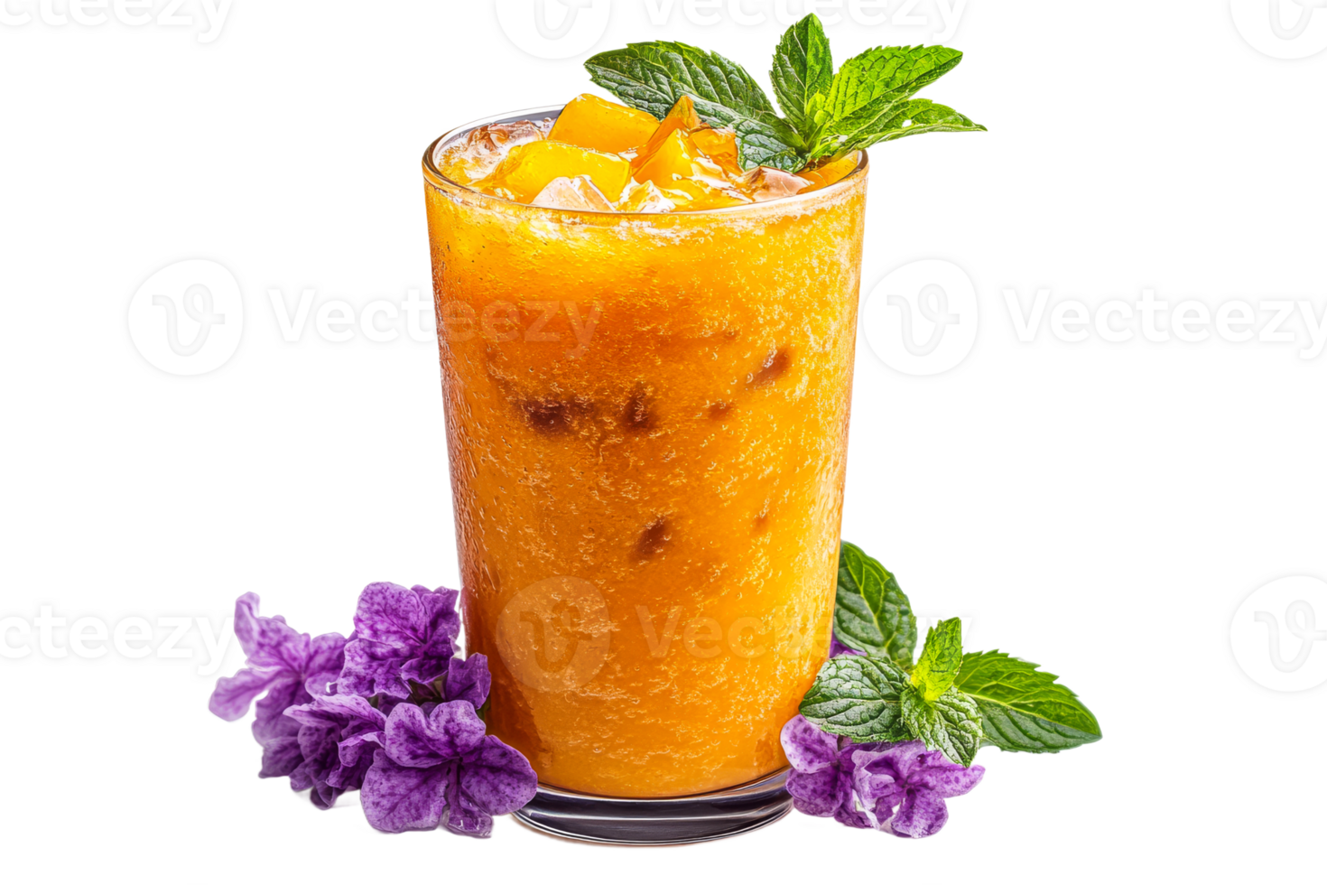 Refreshing mango smoothie served with mint and flowers png