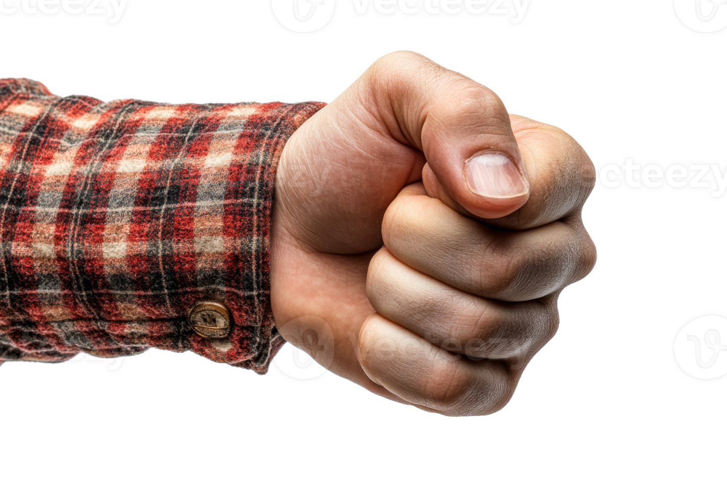 Fist raised in determination with a red plaid sleeve png