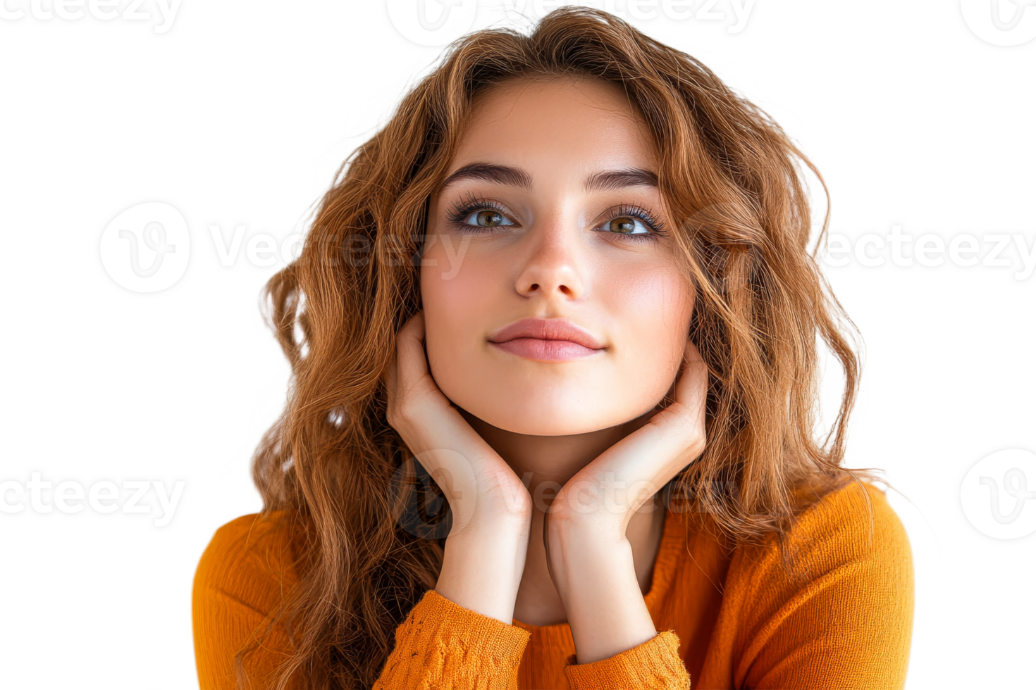 Young woman with curly hair looking thoughtfully upward png
