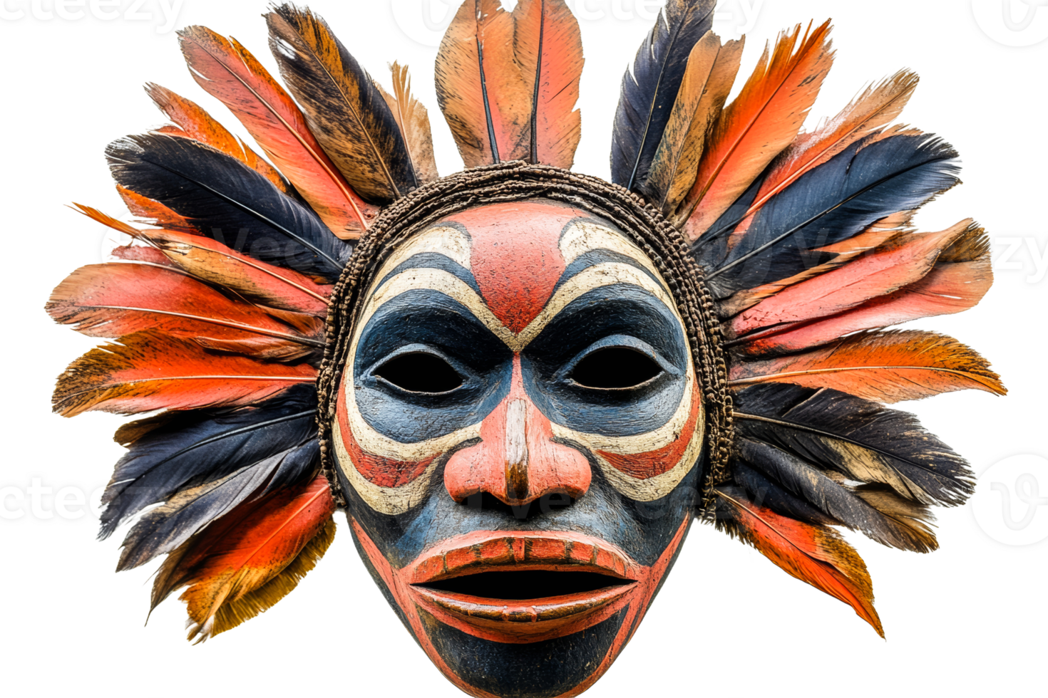 Unique tribal mask with colorful feathers and details png