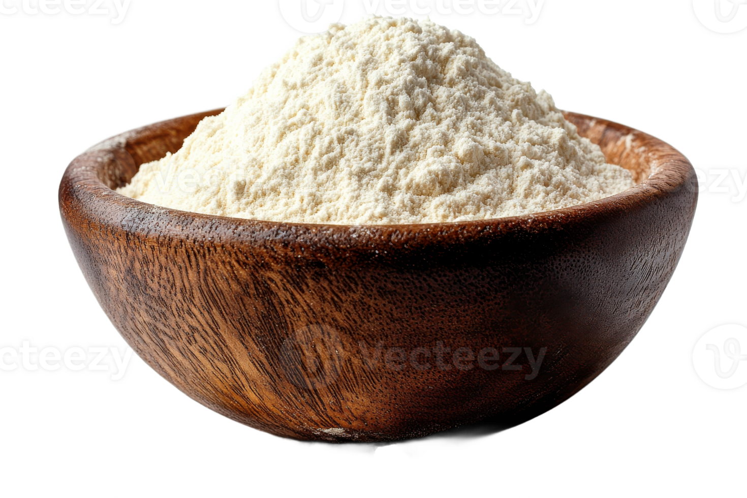 Flour in a wooden bowl with a transparent background png