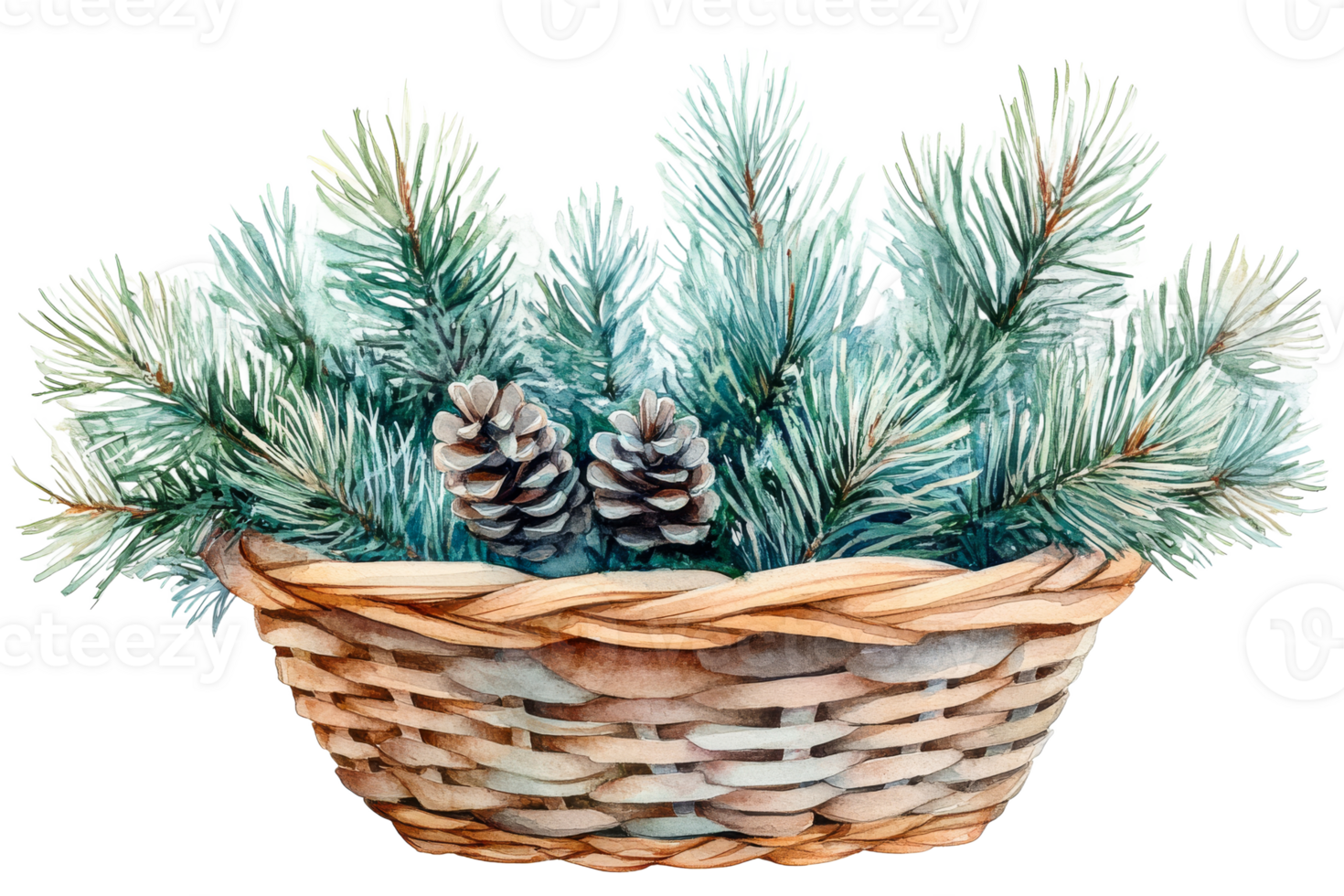 Pinecones and pine branches in a woven basket png