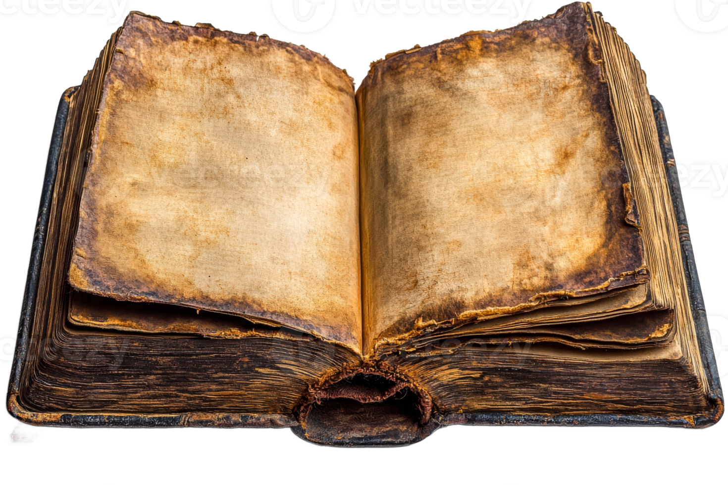 Antique open book with worn pages and damaged cover png