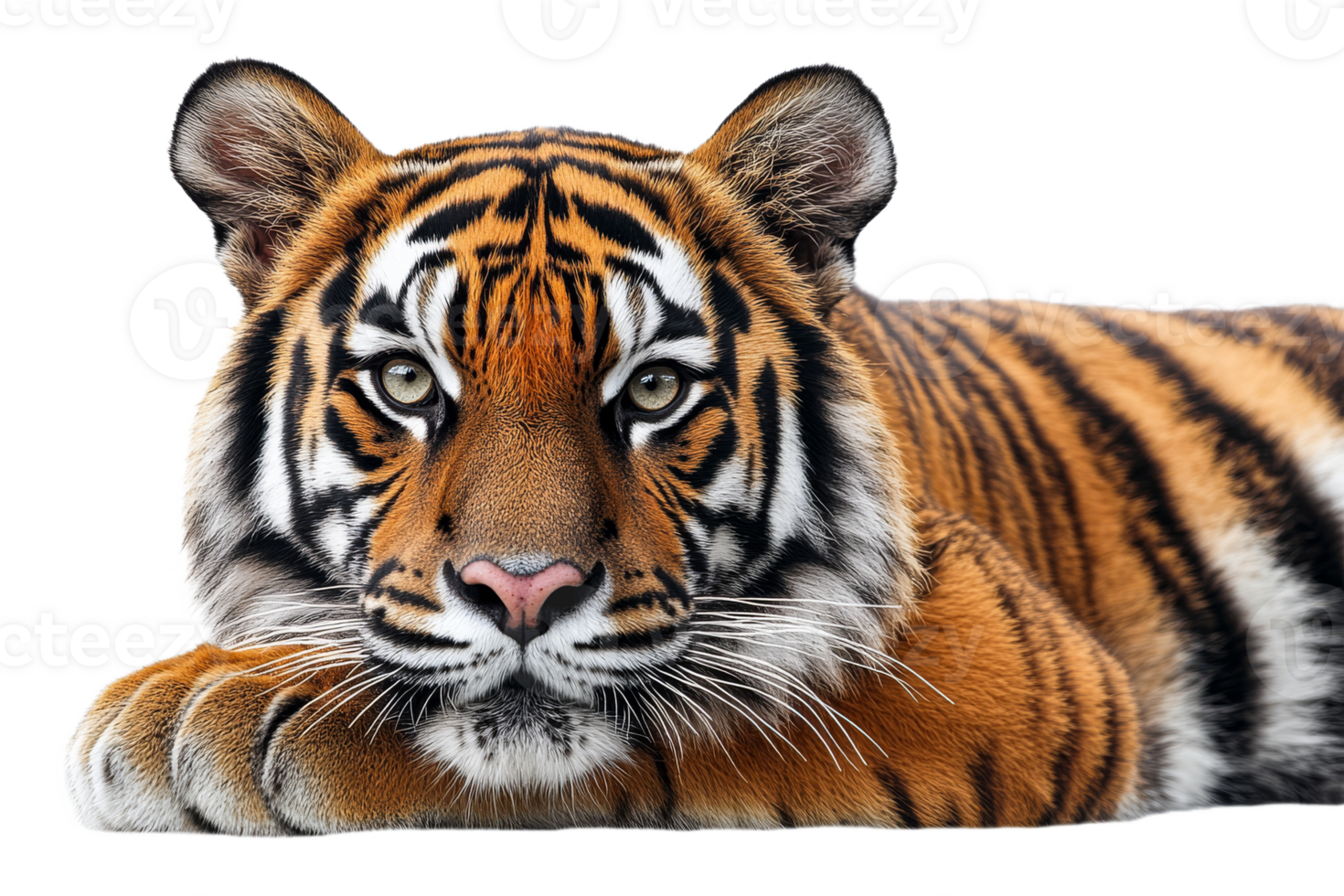 Majestic tiger resting with clear gaze and vibrant fur png