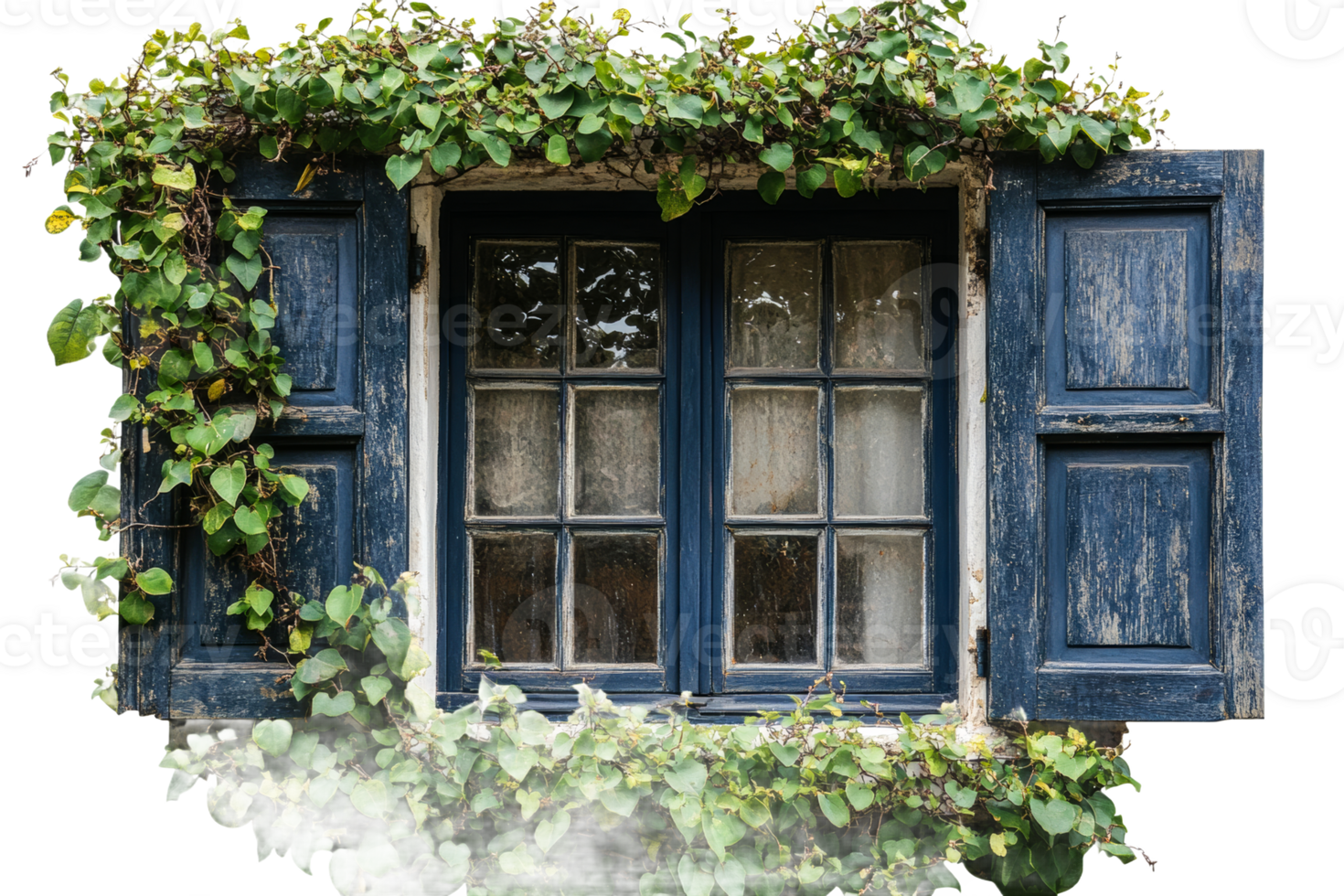 Rustic window framed by lush green vines and foliage png
