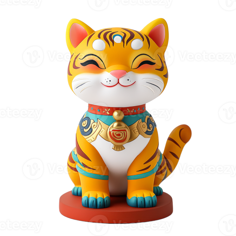 Cartoon tiger statue with happy expression, cut out transparent png
