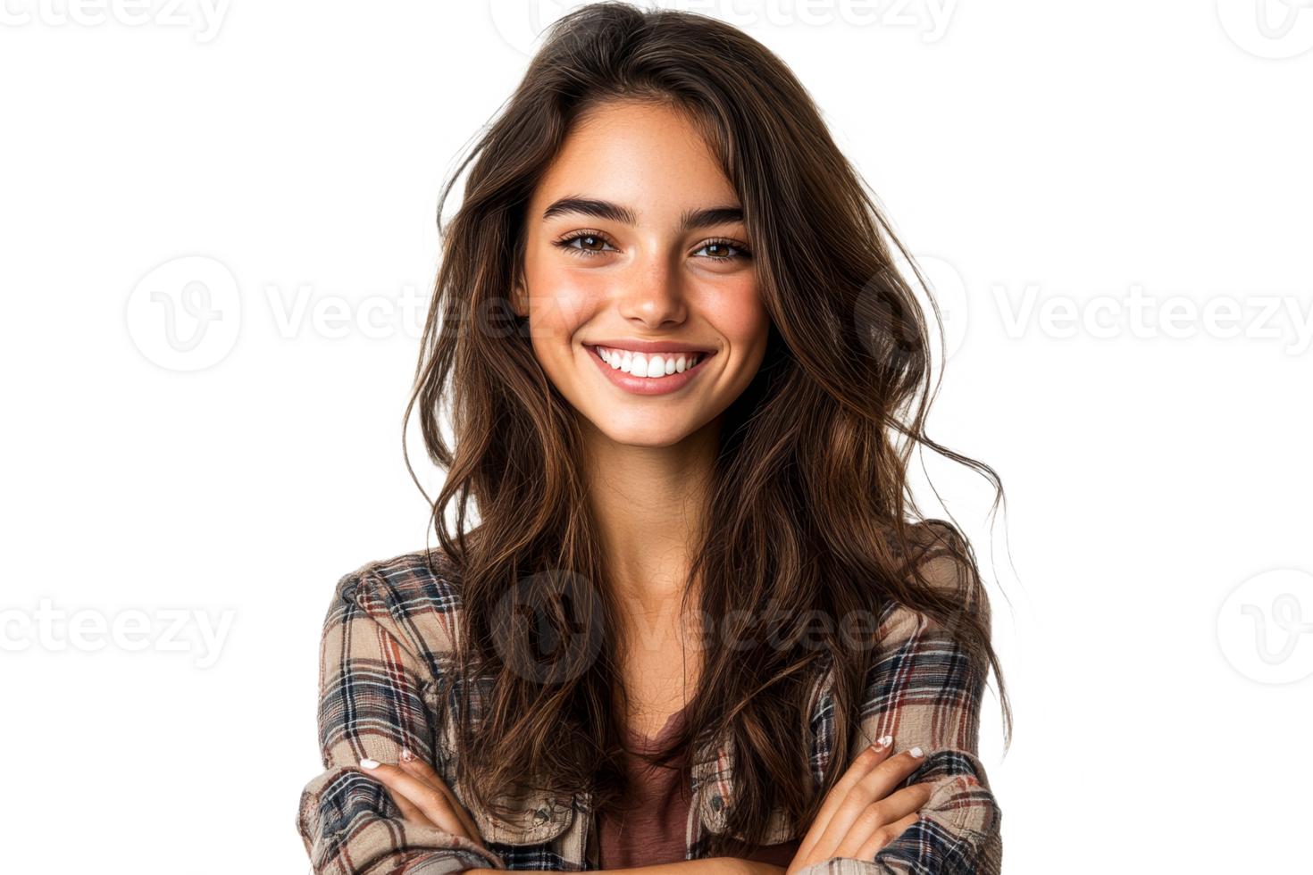 Smiling brunette woman in plaid shirt, portrait, cheerful expression, cut out transparent png