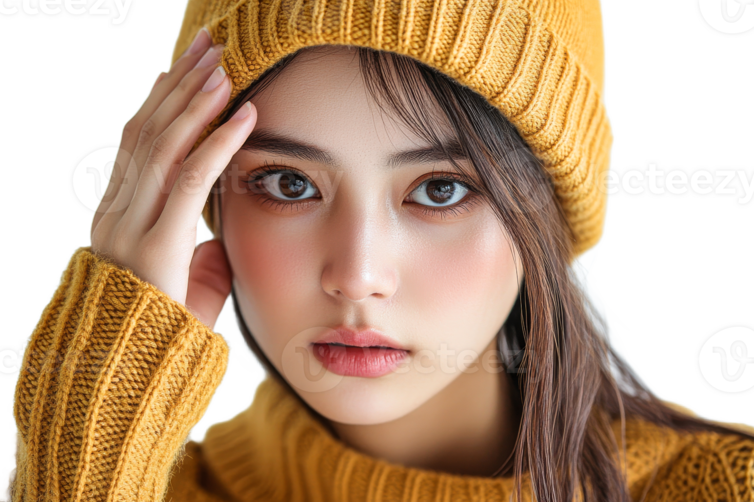 Young woman in yellow knitwear with a cozy expression png