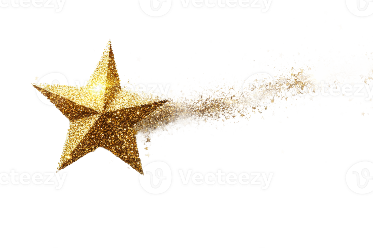 Gold star with glitter trail on black background, cut out transparent png