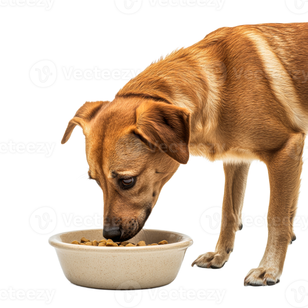 Dog eating food from bowl, pet nutrition, animal health, cut out transparent png