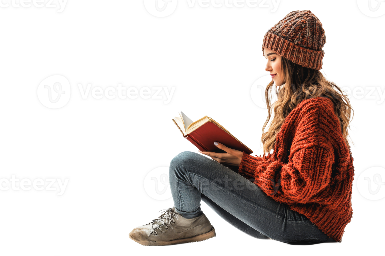 Woman reading book in warm clothes, wintertime, cut out transparent png