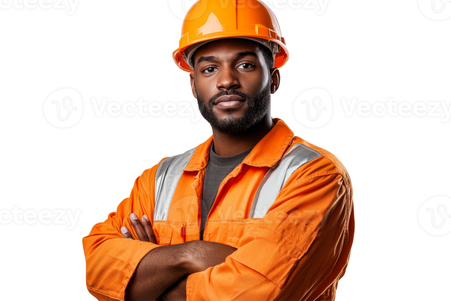 Confident construction worker in orange uniform posing, cut out transparent png