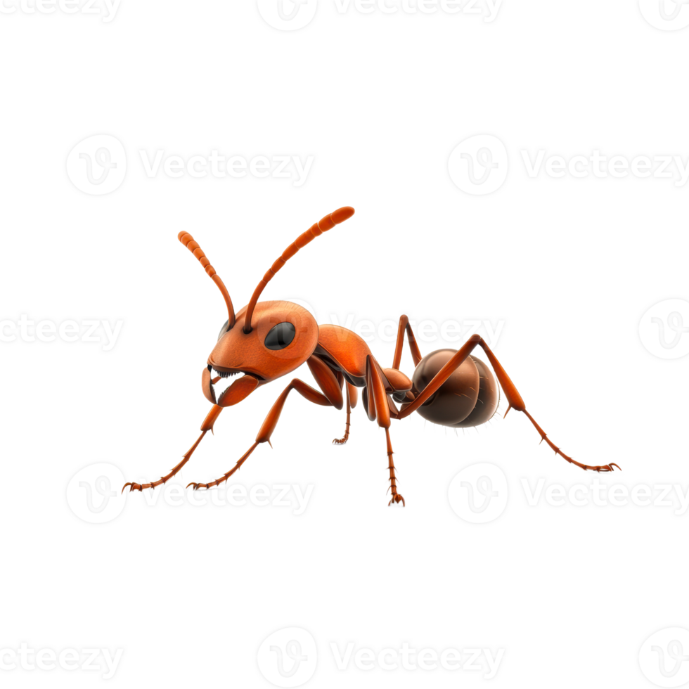 Menacing ant with outstretched antennae, against black background, cut out transparent png