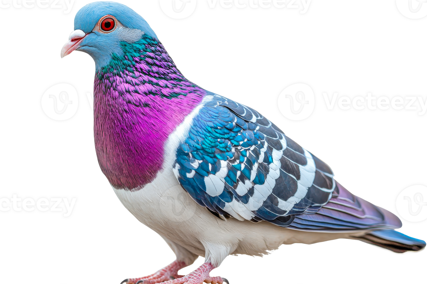 Colorful fancy pigeon, detailed plumage, isolated on black, cut out transparent png
