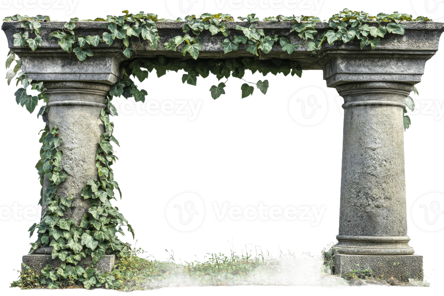 Antique stone archway covered in ivy, garden element , cut out transparent png