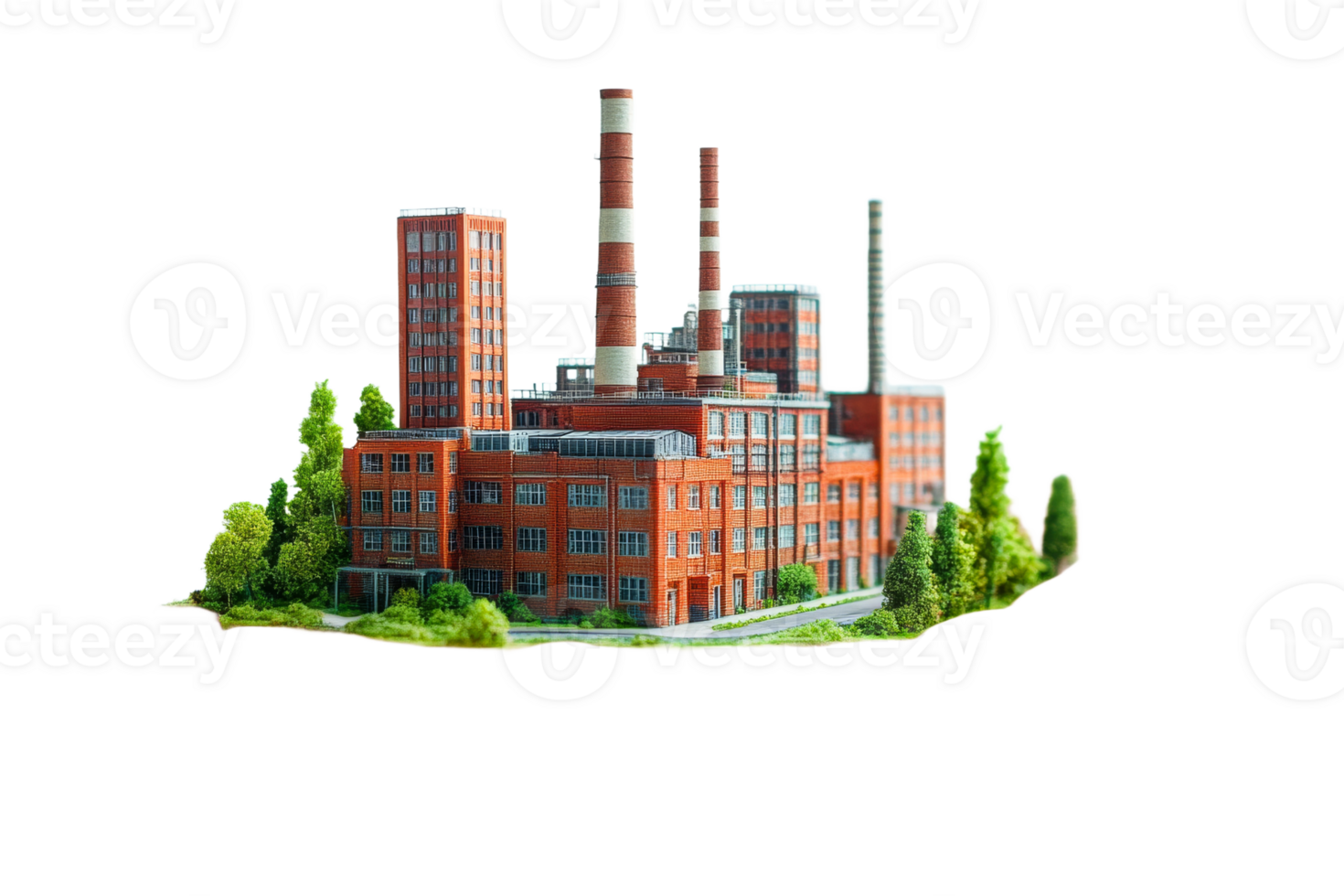 Industrial complex with towers, brick facade, trees, cut out transparent png