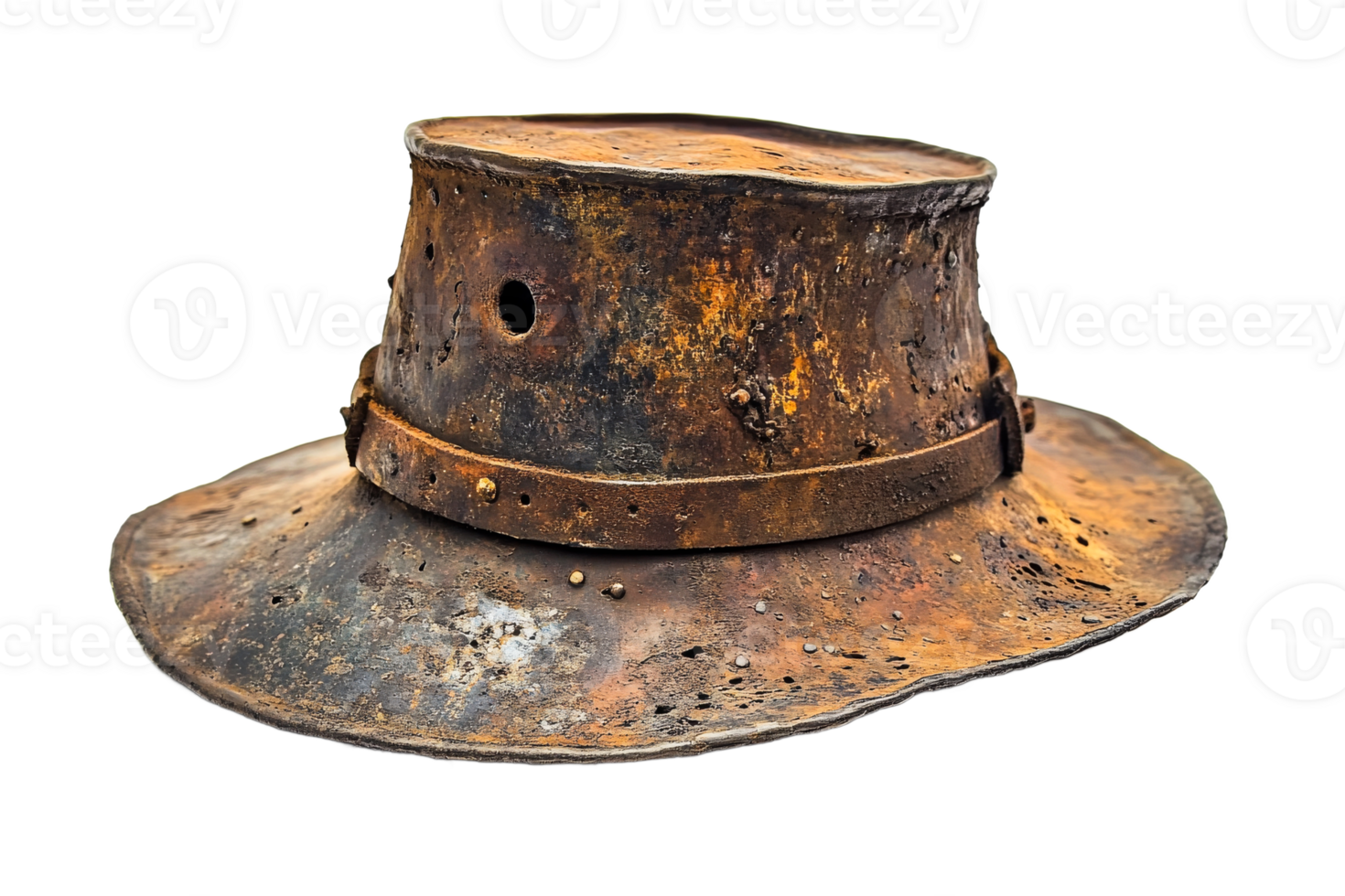 Worn, Rusty Metal Hat with Holes and Leather Band, cut out transparent png