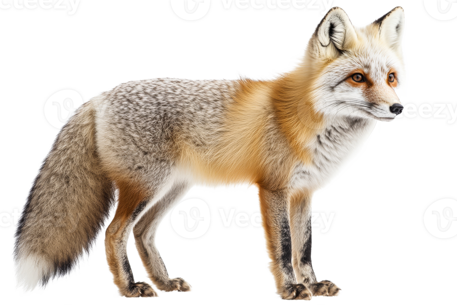 Red fox stands alert with striking orange fur and white belly, cut out transparent png