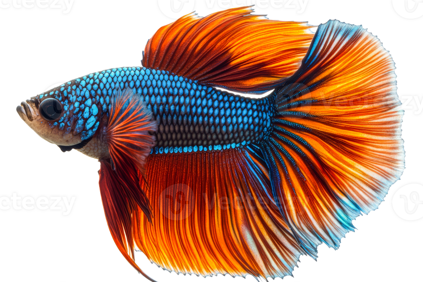Betta splendens with orange tail, blue scales, isolated, cut out transparent png