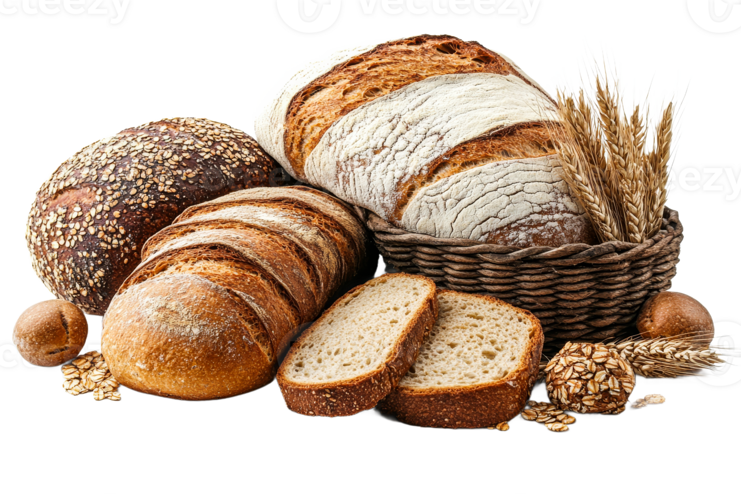 Assortment of Freshly Baked Breads and Grains, cut out transparent png