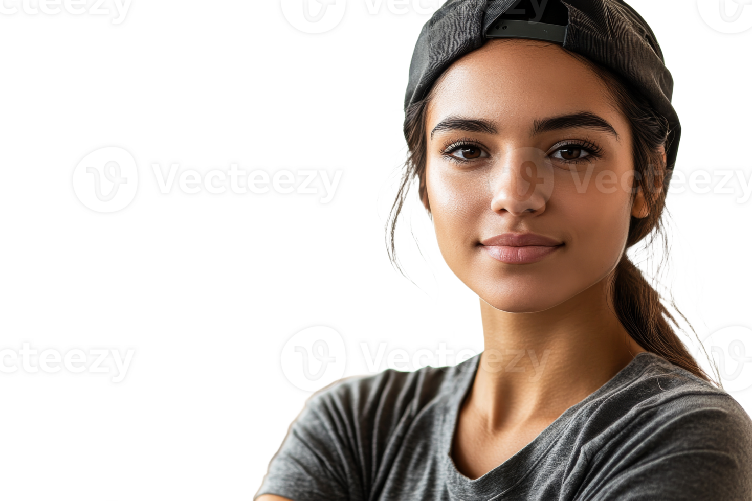 Attractive young woman with baseball cap and gray T-shirt, cut out transparent png