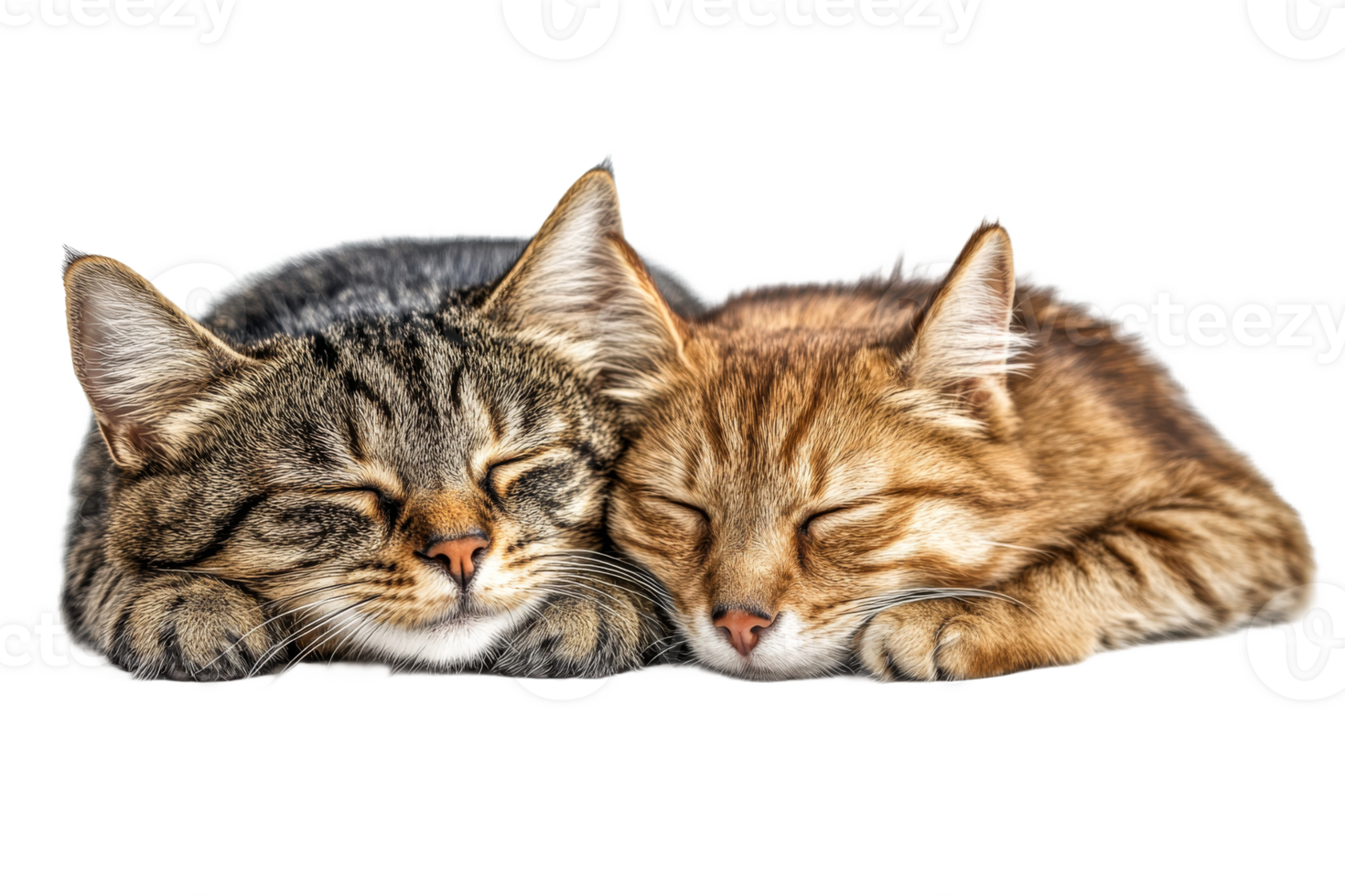 Two sleeping kittens snuggled together peacefully, cut out transparent png
