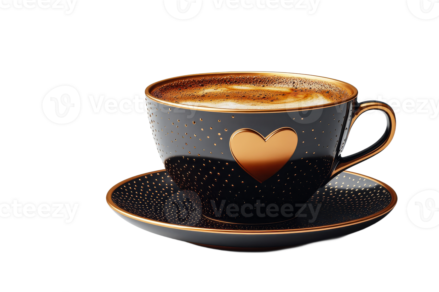 Coffee in heart cup and saucer with gold accent, cut out transparent png