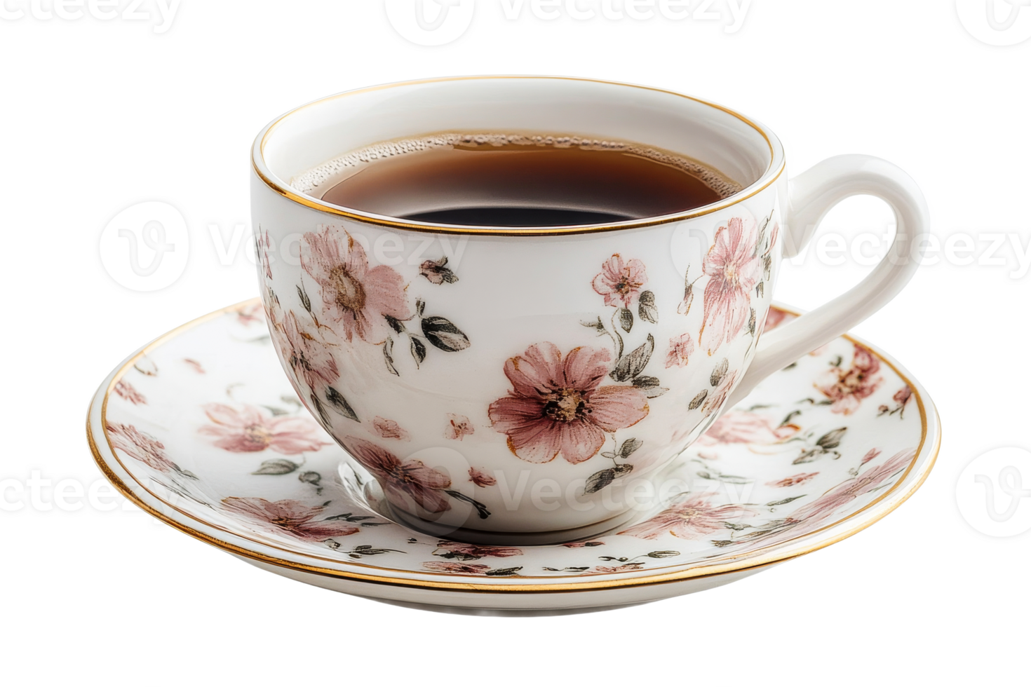 Coffee cup on saucer with flower pattern, elegant drinkware, cut out transparent png