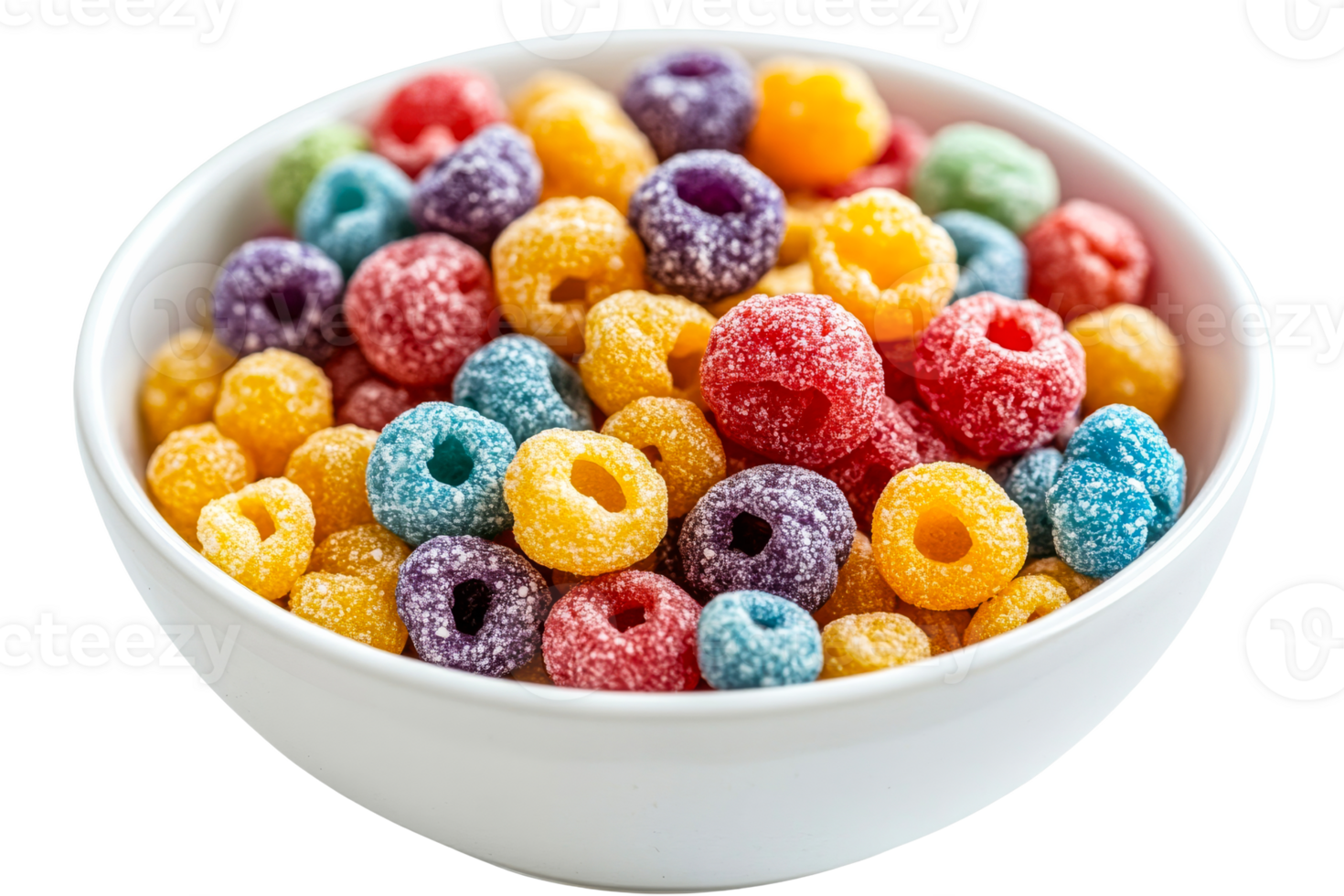 Bowl of colorful fruit cereal rings, isolated, cut out transparent png