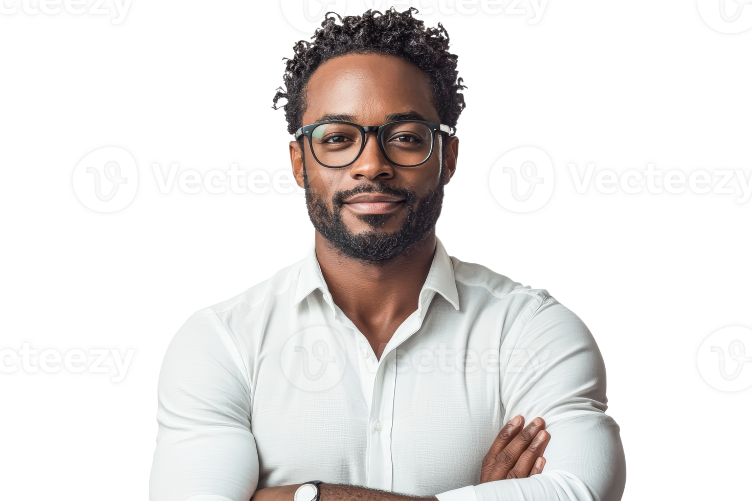 Confident dark-skinned man smiling with arms crossed wearing eyeglasses, cut out transparent png