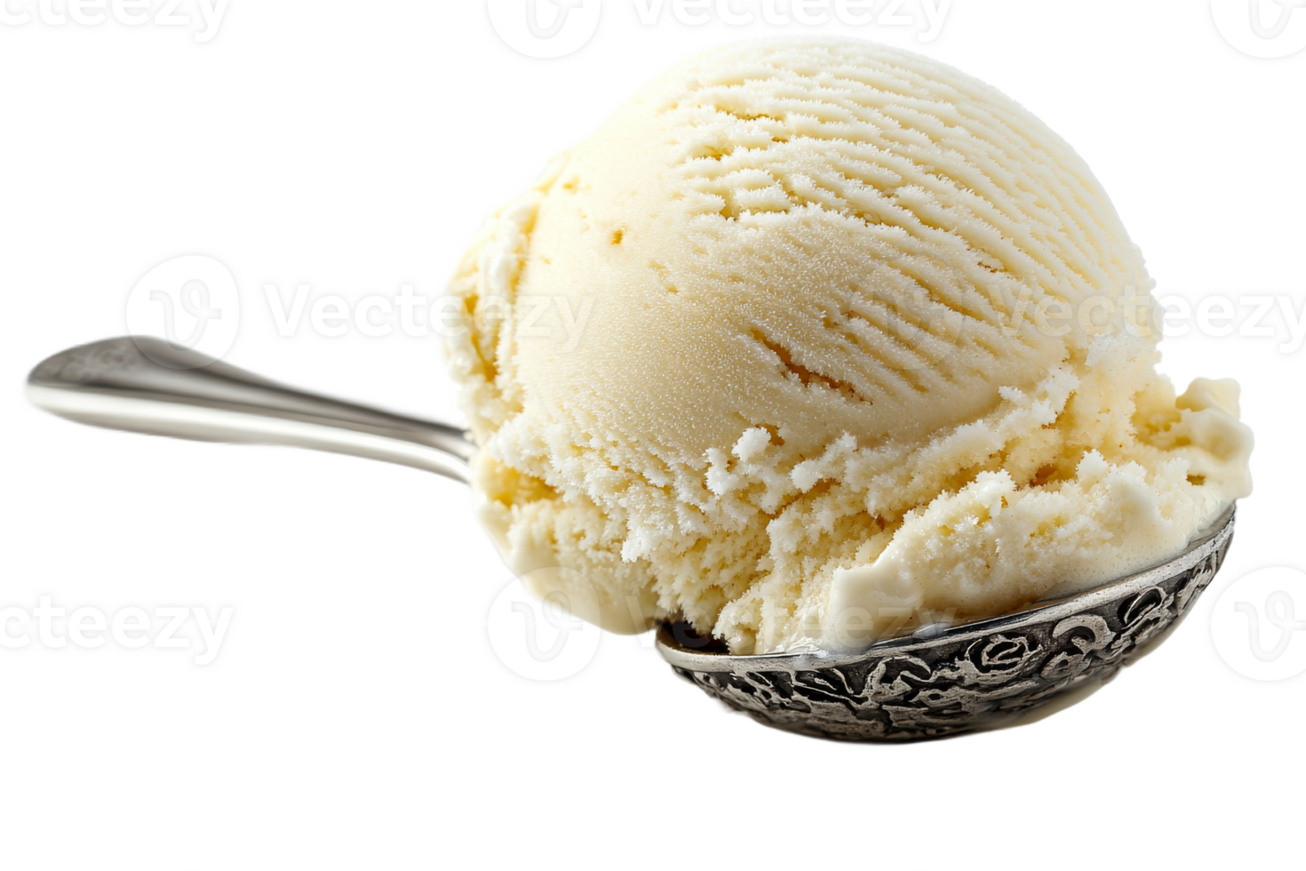 Vanilla ice cream ball on a spoon, isolated, cut out transparent png