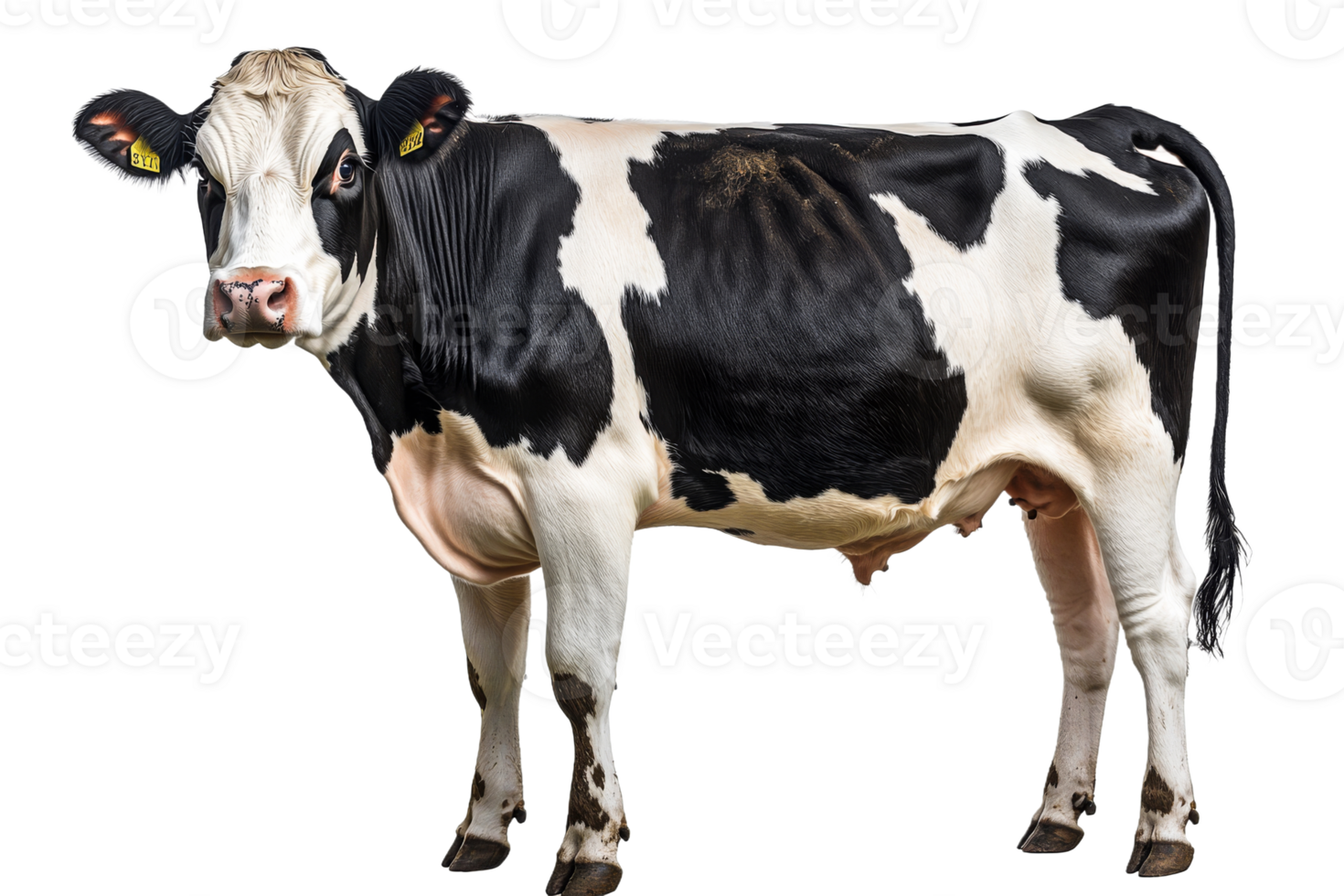 Holstein cow stands alert, farm animal portrait , cut out transparent png