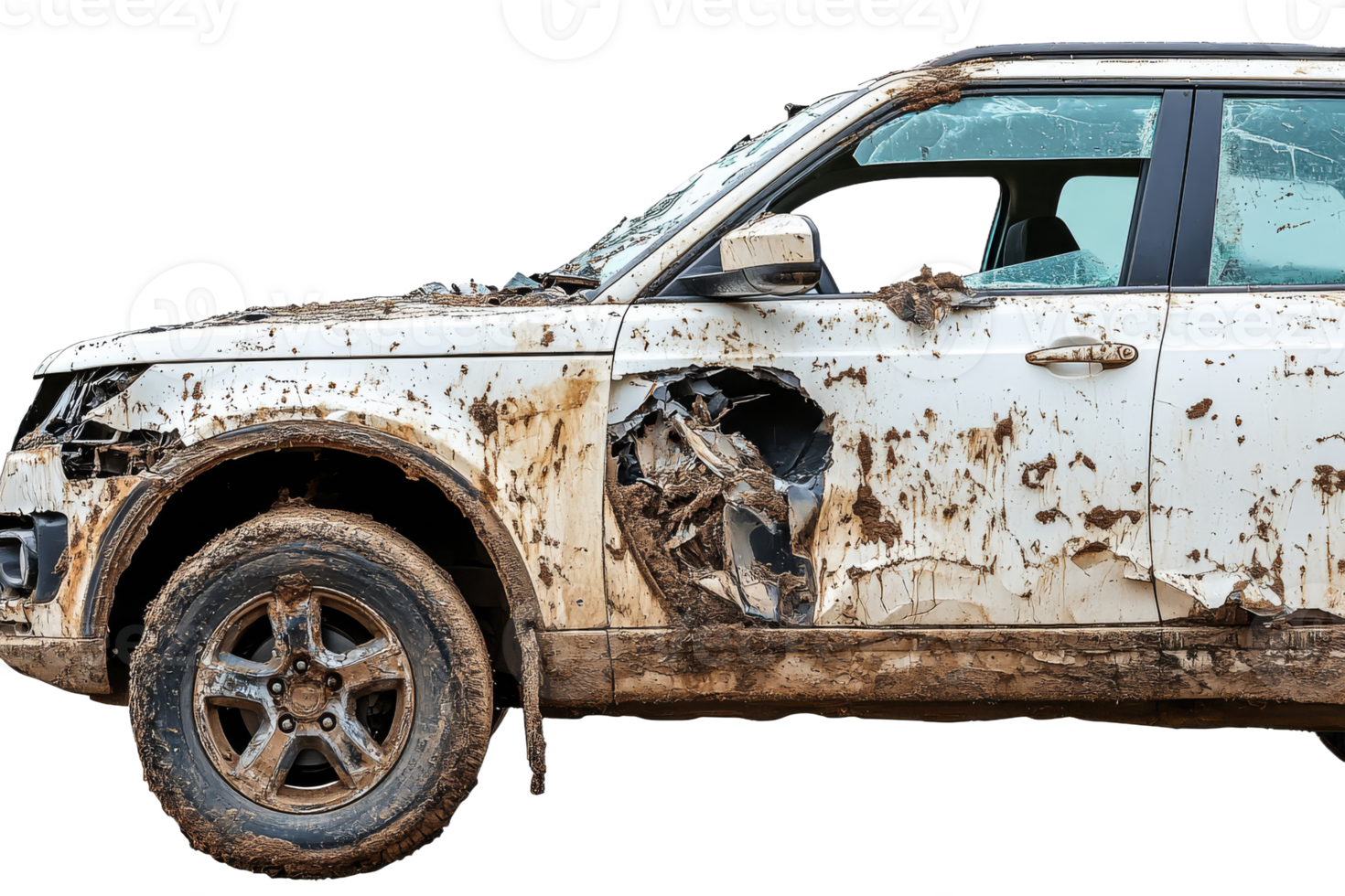 Damaged car after accident, mud-covered, white SUV, destruction, cut out transparent png