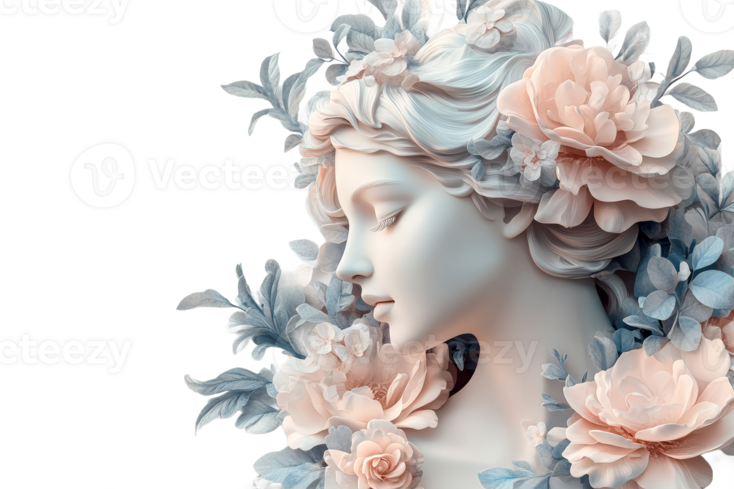 Serene Marble Woman Bust with Floral Crown, cut out transparent png