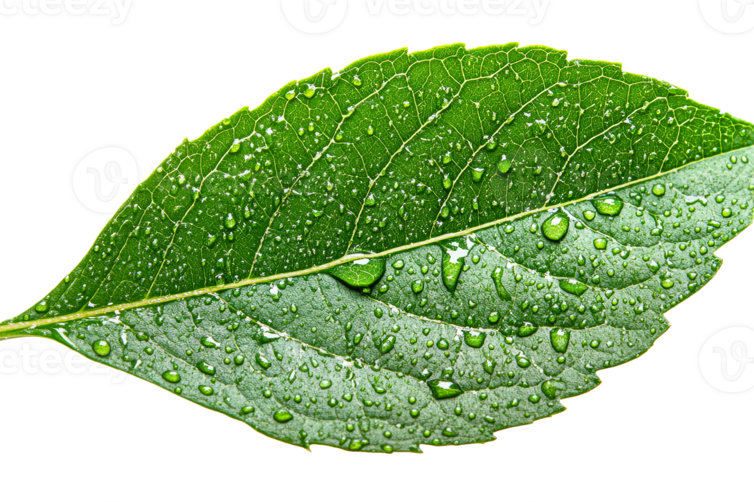 Fresh Green Leaf with Water Droplets in Macro, cut out transparent png
