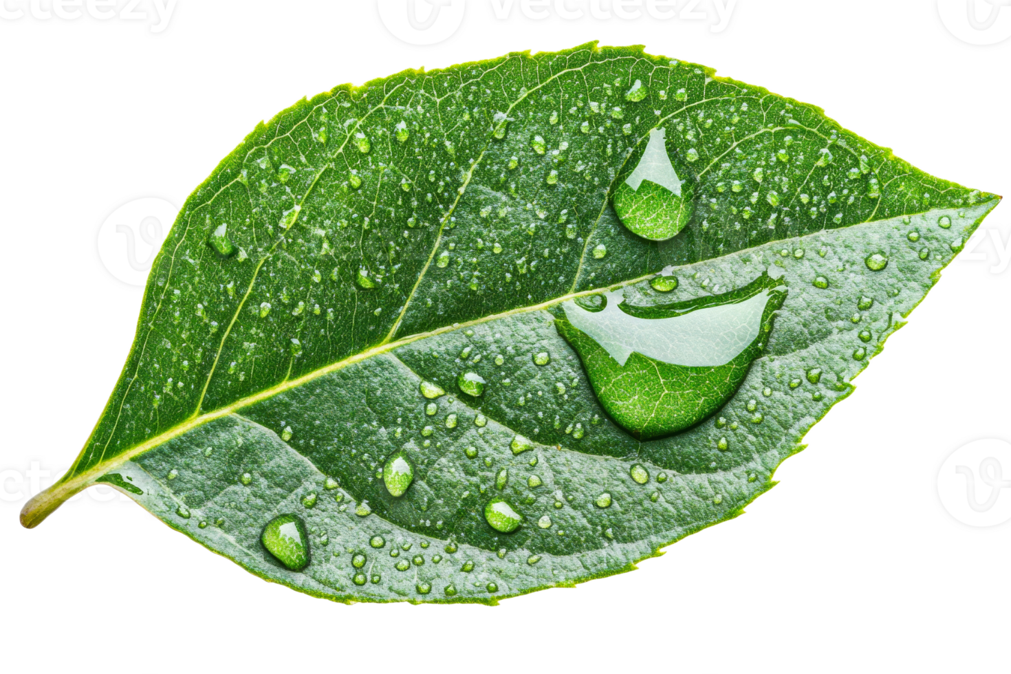 Green leaf with water droplets, close-up macro photo, cut out transparent png