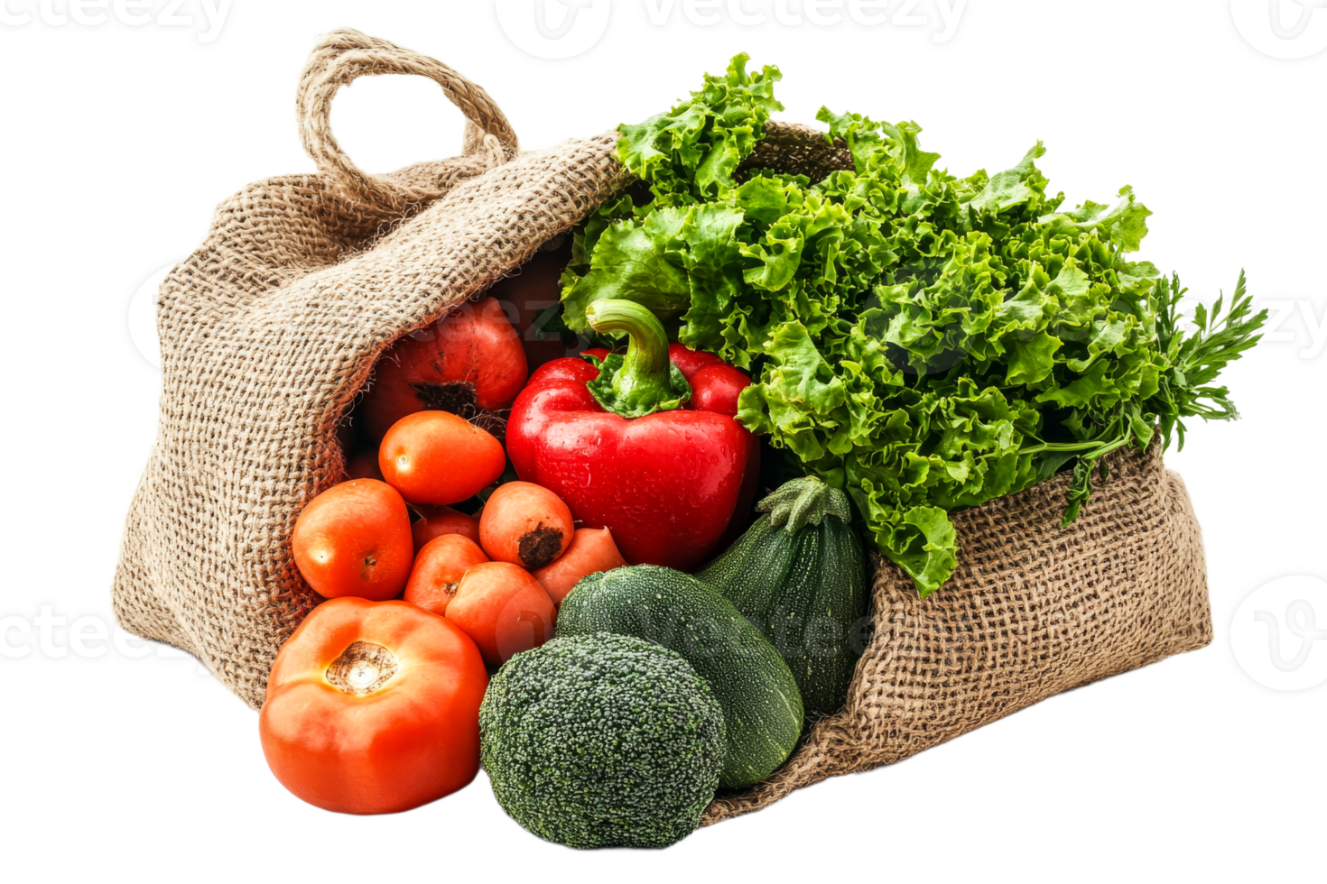 Fresh vegetables in burlap bag, tomatoes, broccoli, lettuce, cut out transparent png