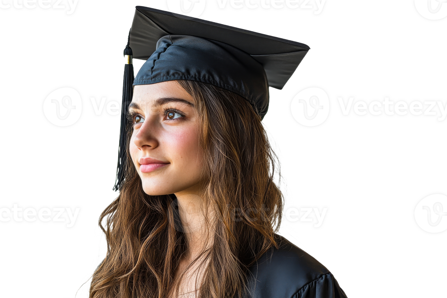Graduating woman with cap looking forward , cut out transparent png