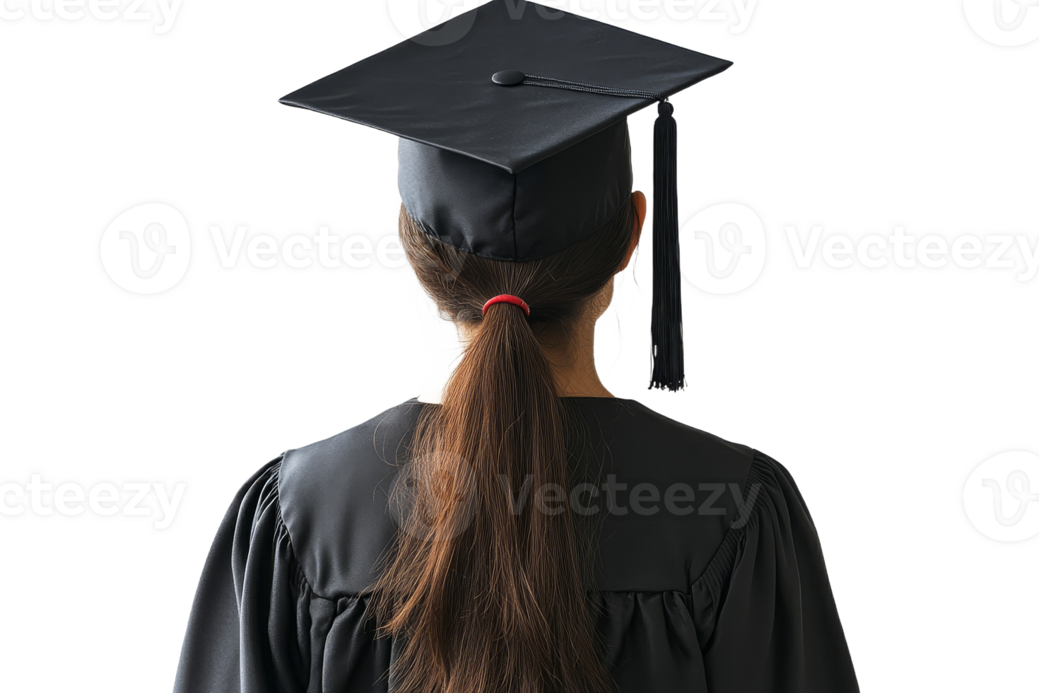 Graduating woman with gown and cap from behind, cut out transparent png