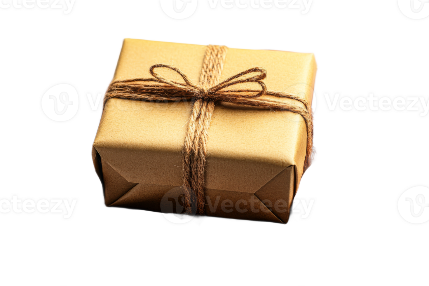 Gift box, wrapped in craft paper tied with twine, cut out transparent png