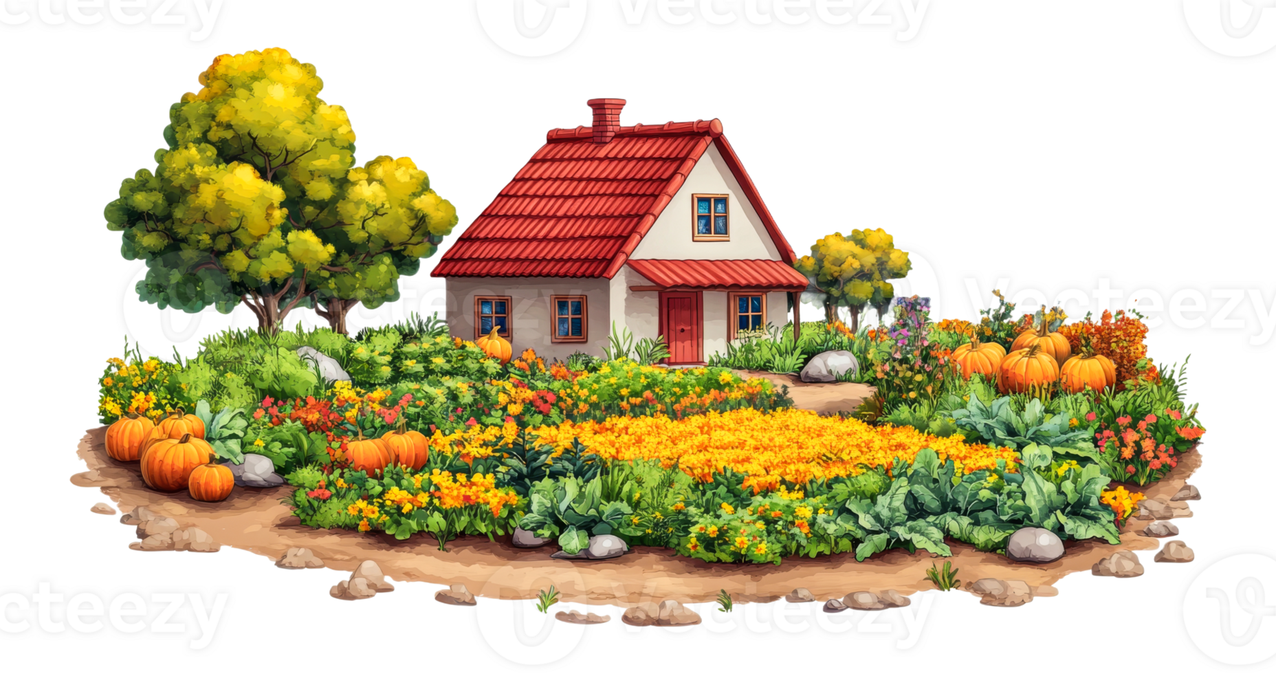 Charming cottage surrounded by a lush garden, cut out transparent png