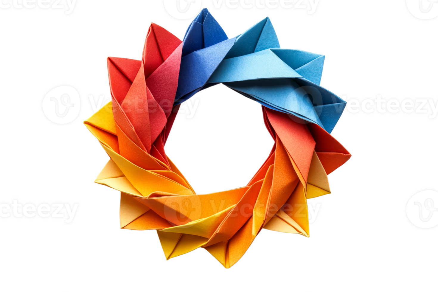Colorful origami circular pattern on a black background, cut out transparent png