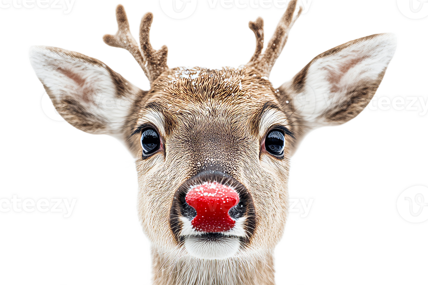 Portrait of a cute reindeer with a red nose, cut out transparent png