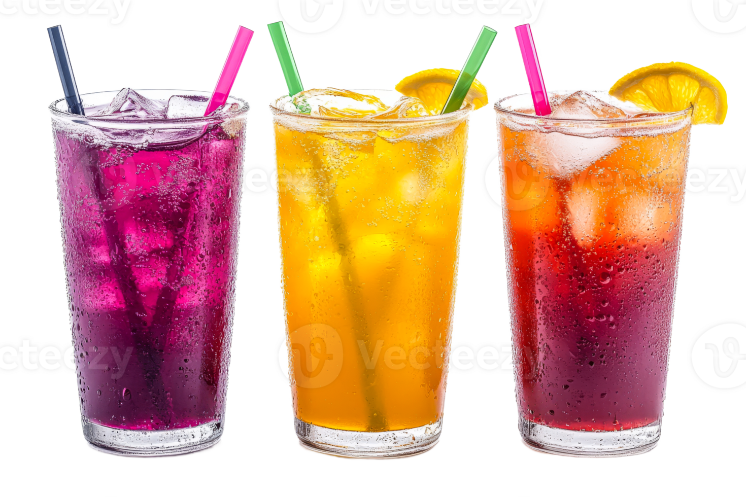 Refreshing fruity iced drinks with straws on black background, cut out transparent png