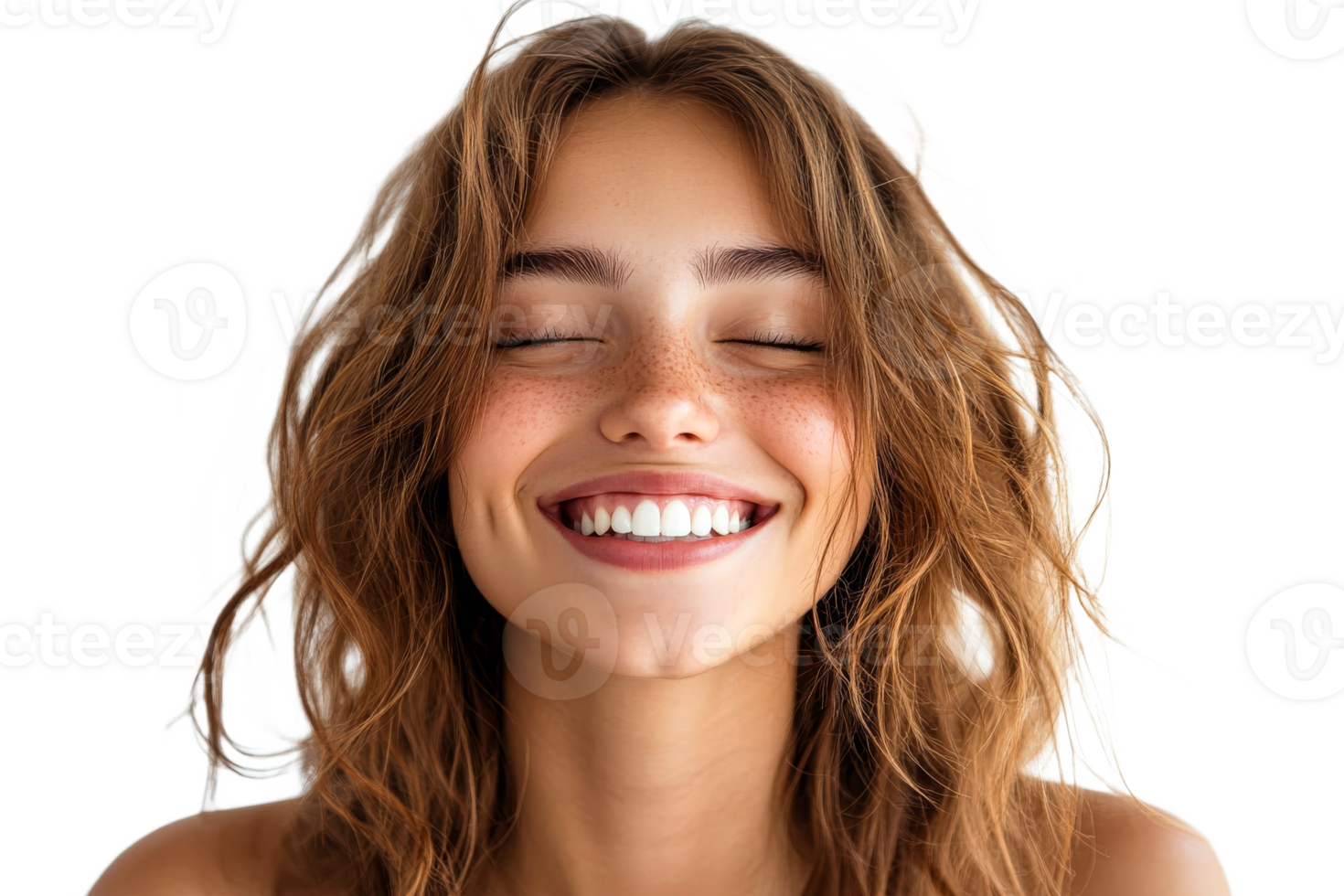 Smiling young woman portrait with closed eyes, happiness, carefree, cut out transparent png