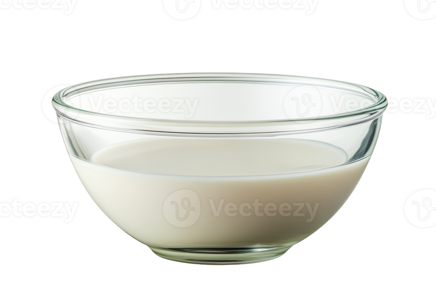 Glass bowl filled with milk standing against black backdrop, cut out transparent png