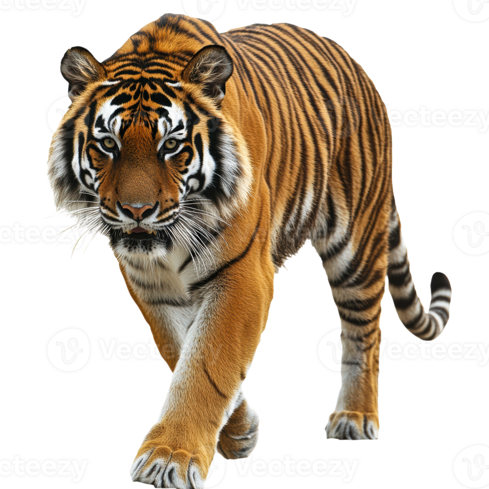 Majestic tiger walks forward, detailed, transparent background, cut out transparent png