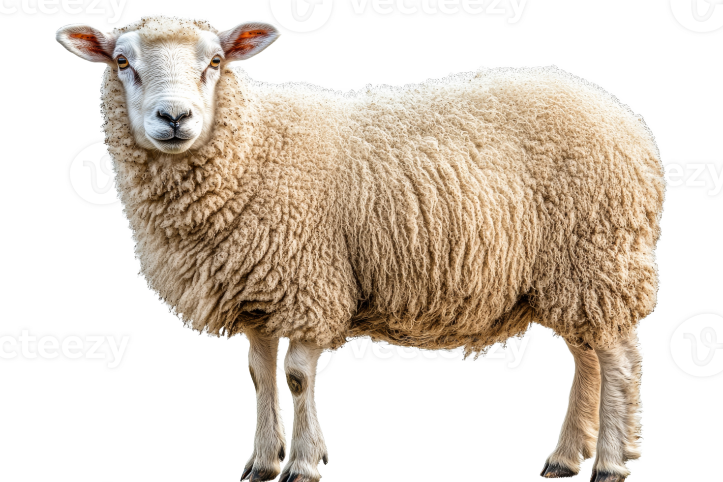 A close-up studio shot of a fluffy sheep looking at camera, cut out transparent png