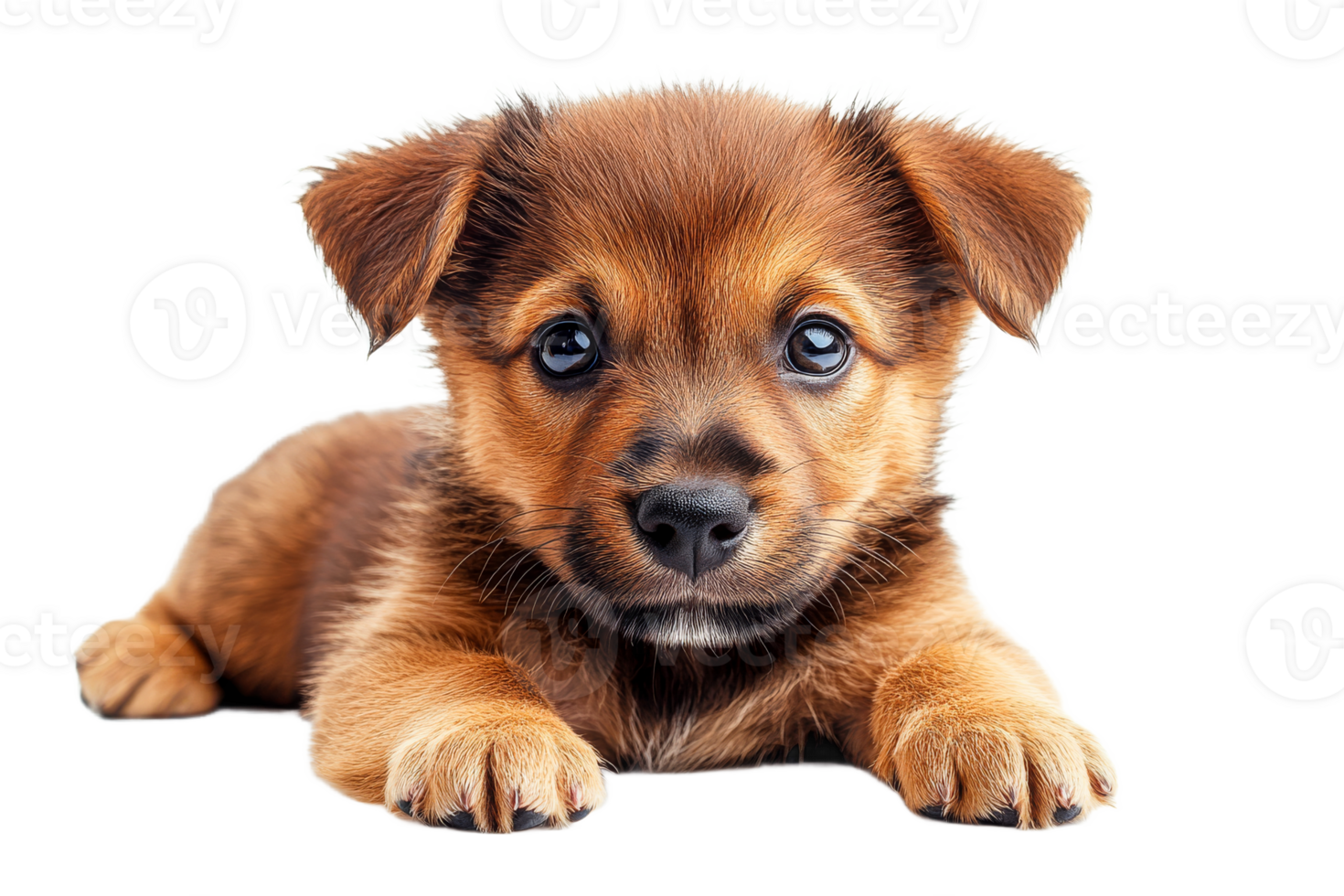 Adorable brown puppy lies on its stomach looking forward, cut out transparent png