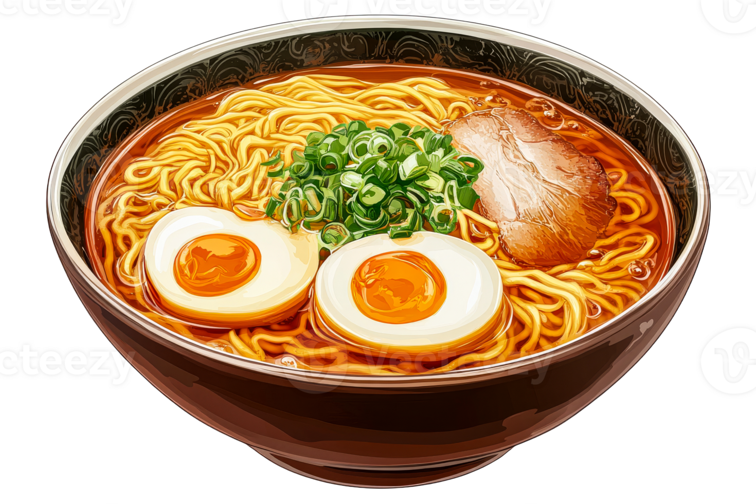Bowl of delicious ramen soup with egg and meat, cut out transparent png